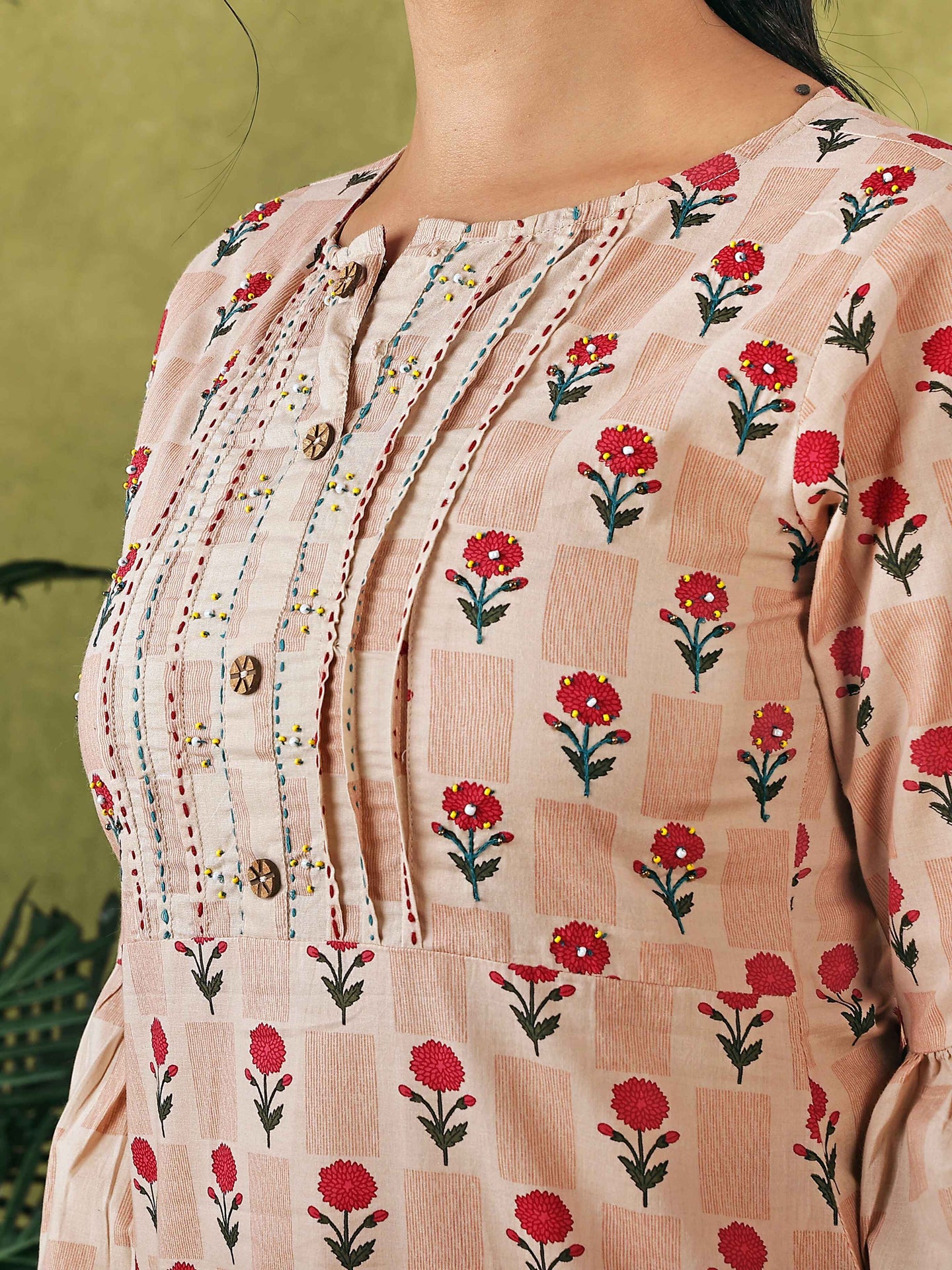 Peach Floral Printed Flared Sleeve Women Kurta Set with Embroidery at Yoke